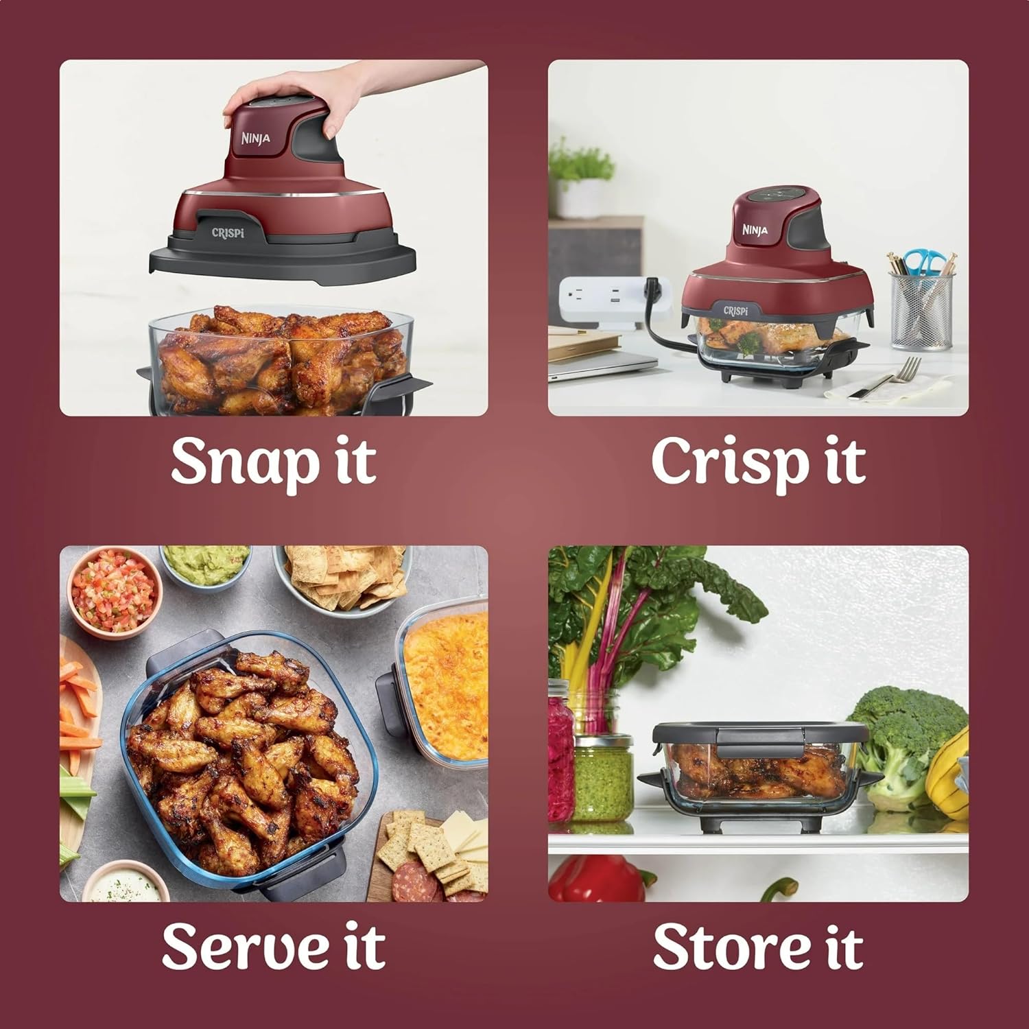 Ninja FN100RD Crispi Air Fryer, Microwave, Freezer & Dishwasher Safe, Non Toxic Glass Portable Cooking System, 4 QT & 5 Cup Glass Containers with Storage Lids, Easy Meals, Cherry (Renewed)