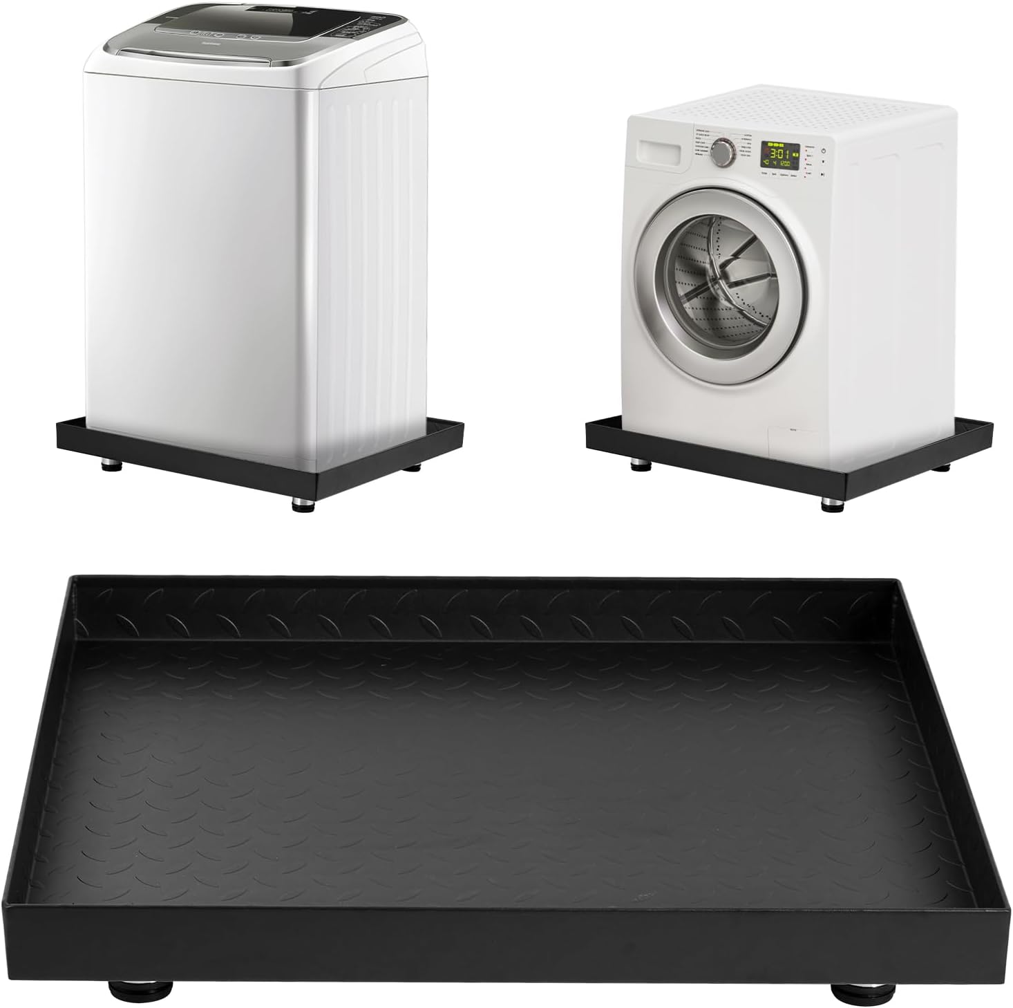 24in x 24in Heavy-Duty Carbon Steel Washing Machine Pan, Rust-Free Water Damage Protection with 4 Anti-Vibration Feet, Easy Install, No-Hole Design