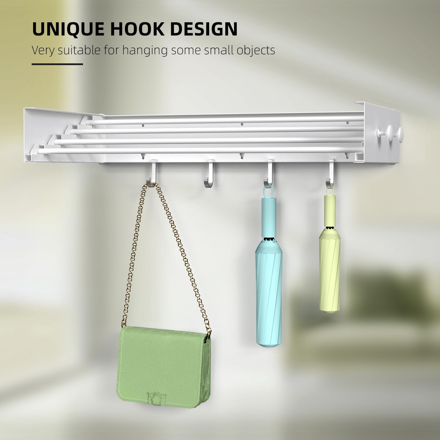 Drying Rack Clothing,Clothes Drying Rack Wall Mounted,Laundry Drying Rack Wall Mount,Foldable,Collapsible,60 lb Capacity 5 Aluminium Poles with 6 Hooks (White, 23.6'')