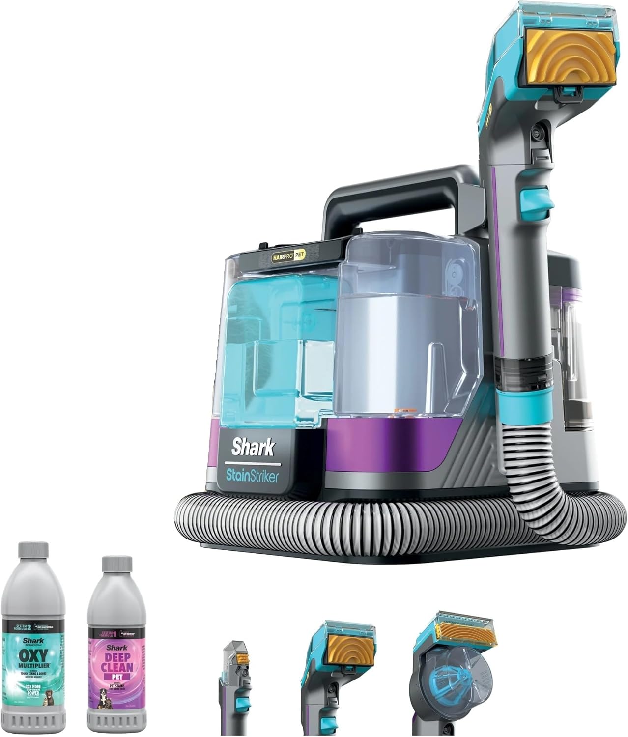 Shark PX250 StainStriker HairPro Portable Carpet, Upholstery & Area Rug Cleaner with Pet Stain & Hair Tools, Self-Cleaning, Perfect for Pets & Car Interiors, 3 Cleaning Tools & Pet Solution (Renewed)