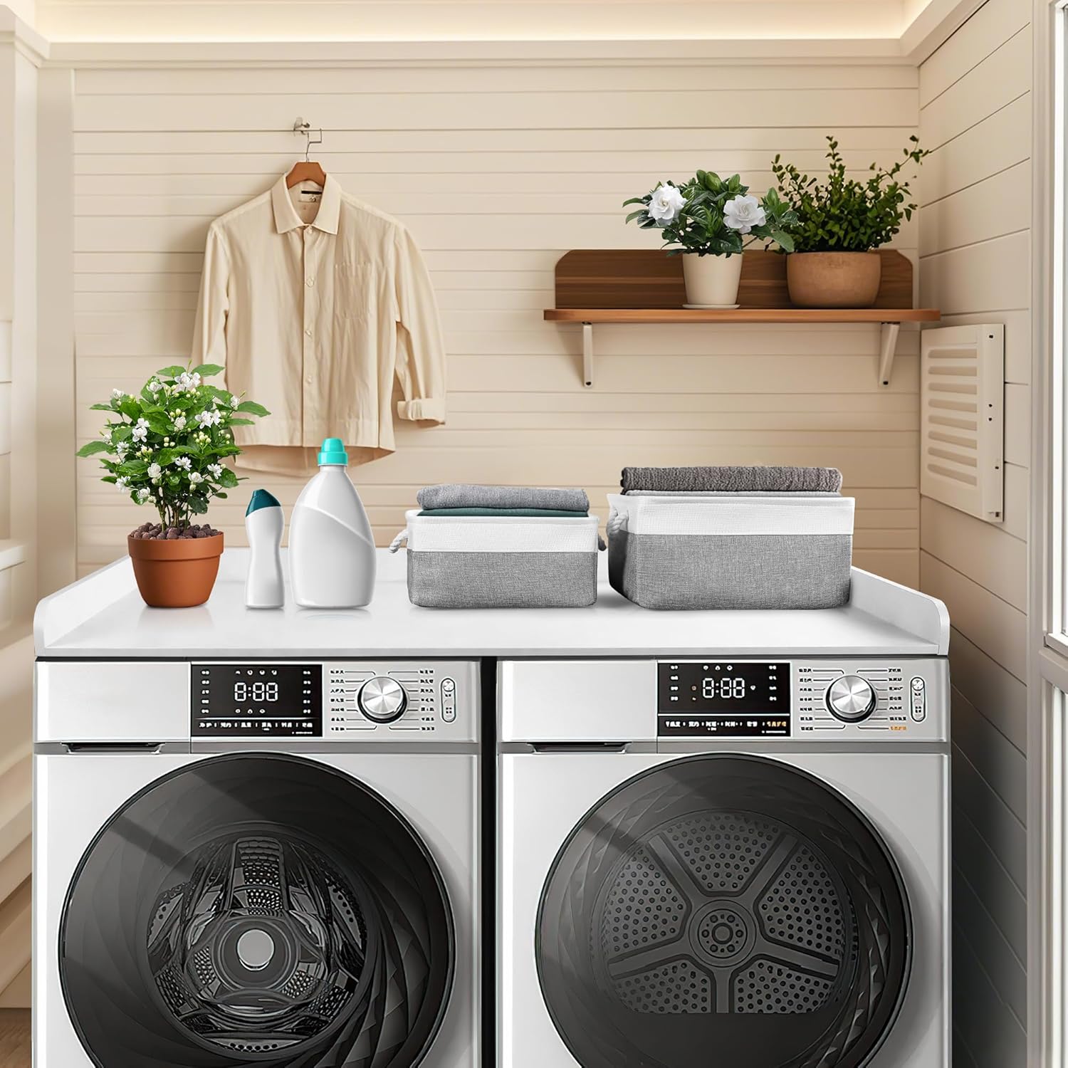 Washer Dryer Countertop with 2 Pack Storage Baskets, Wood Washer and Dryer Countertop with Non-Slip Pads/Edge Rails for Laundry Room Storage and Organization, 27.5