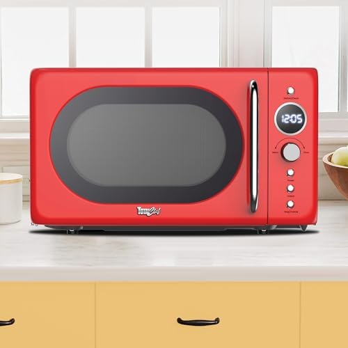 Total Chef Retro Microwave Oven | 20L / 0.7 Cu Ft | Quick Start & Defrost By Weight/Time | 8 Pre-set Cooking Modes For Coffee, Rice, Pasta, Potato, Reheat, Fish, Pizza, Popcorn | 700W | Red