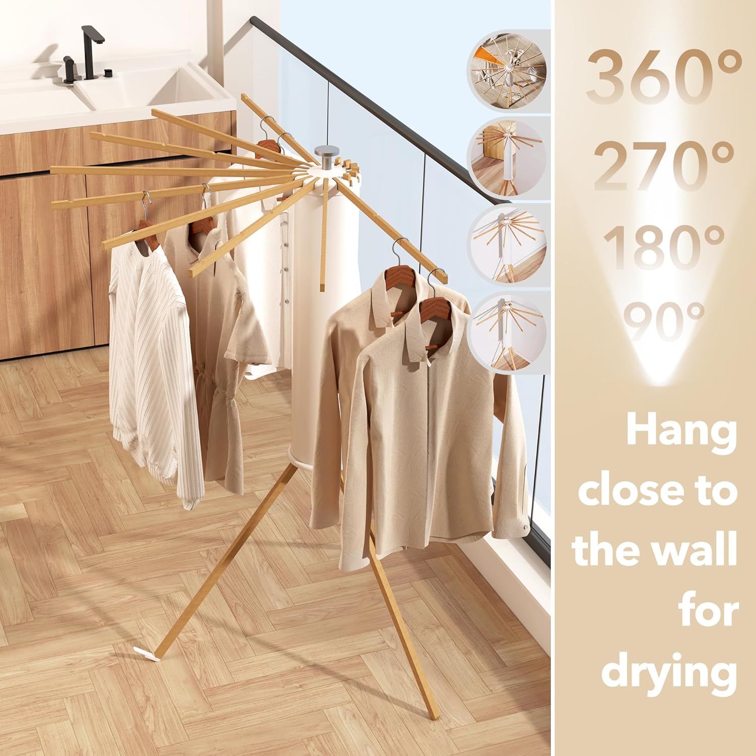 Tripod Clothes Drying Rack, Laundry Drying Rack for Clothing, Foldable Collapsible Space-Saving Umbrella Dryer with 16 Rods, Floor Standing Rack for Indoor Outdoor Use, Wooden