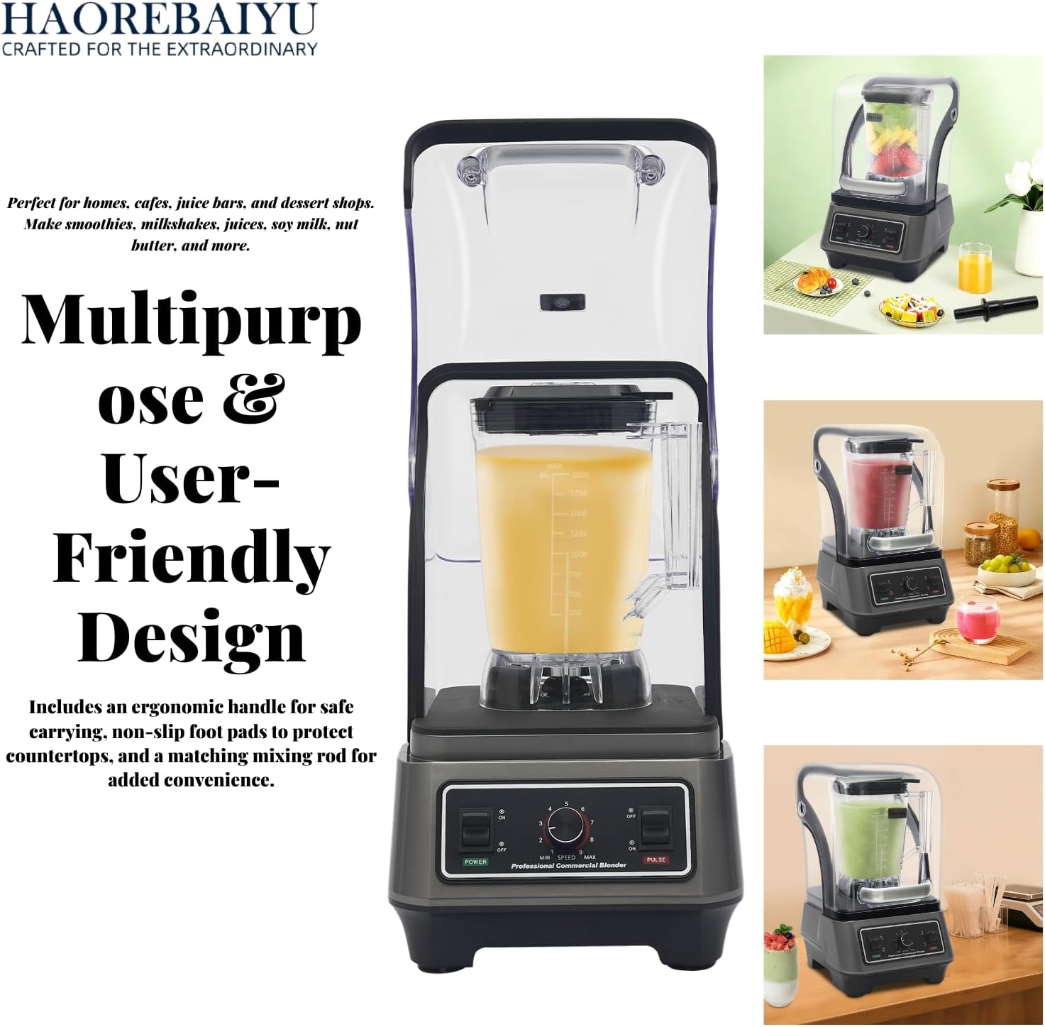 1600W Commercial Blender, 2L Large Capacity Multifunctional Blender with 9-Speed & Pulse, High-Speed Motor for Smoothies, Ice Crushing, Juice, Soup - Professional Heavy Duty & Quiet Design(110V)