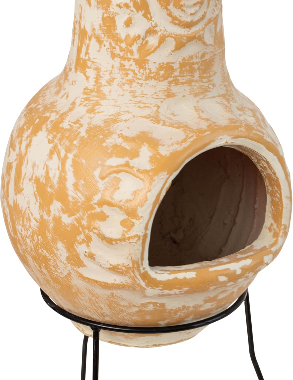 Outdoor Clay Chiminea Fireplace Sun Design Wood Burning Fire Pit with Sturdy Metal Stand, Barbecue, Cocktail Party, Cozy Nights Fire Pit (Beige)
