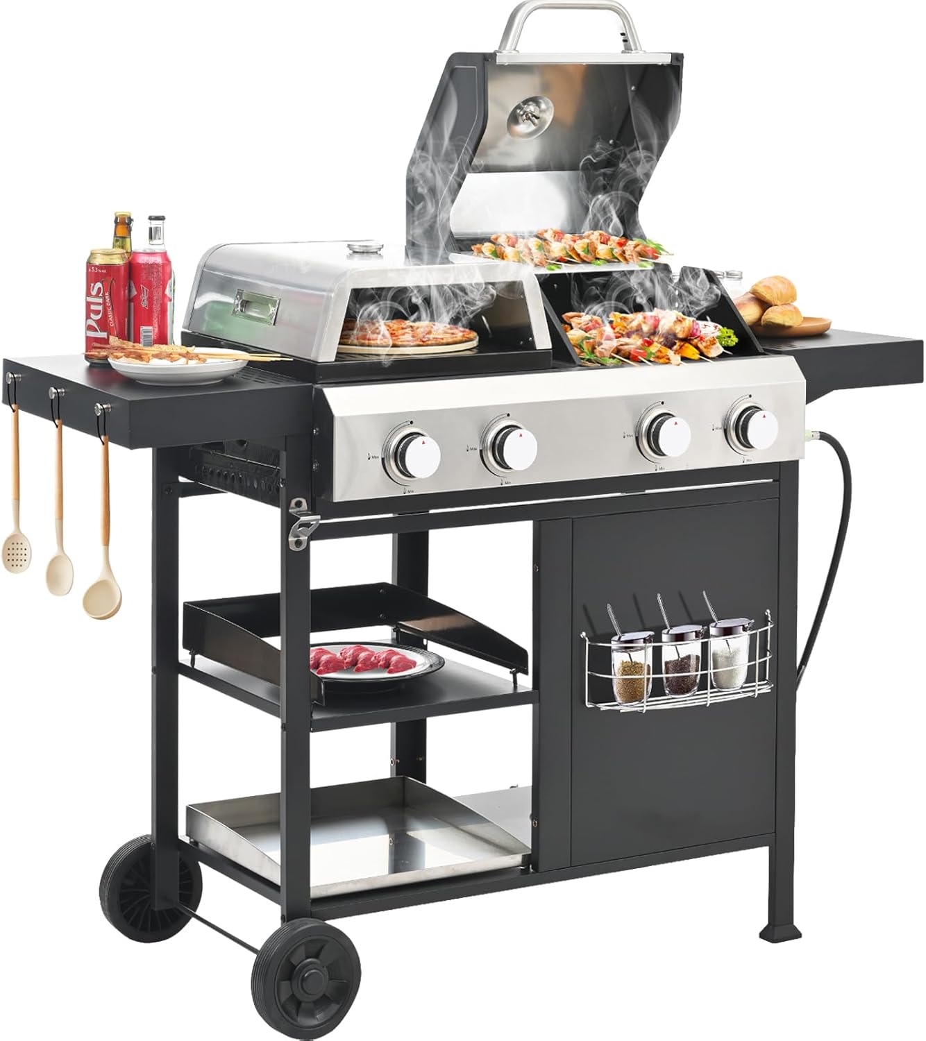 2+2 Multi-function Pizza Griddle Grill Combo,4 Burners Stainless Steel Propane Gas Grill,49,200 BTU Output for Outdoor BBQ,Frying,Pizza Making,Patio Backyard Barbecue,Deck