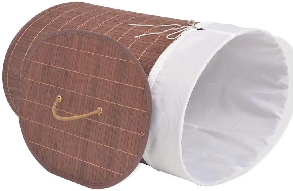 Bamboo Laundry Bin Oval Brown with Removable Polyester Liner, Foldable Storage Basket for Clothes and Household Organization, 1 Piece