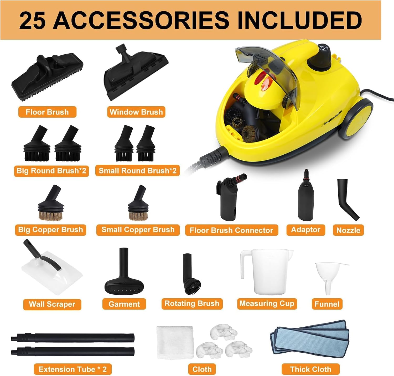 1500W Multipurpose Steam Cleaner, 1.5L Steam Cleaner for Home with 25 Accessories, 16.4ft Power Cord Portable Steamer, Fast Heat-up for Chemical Free Cleaning for Carpet Floors Windows Cars