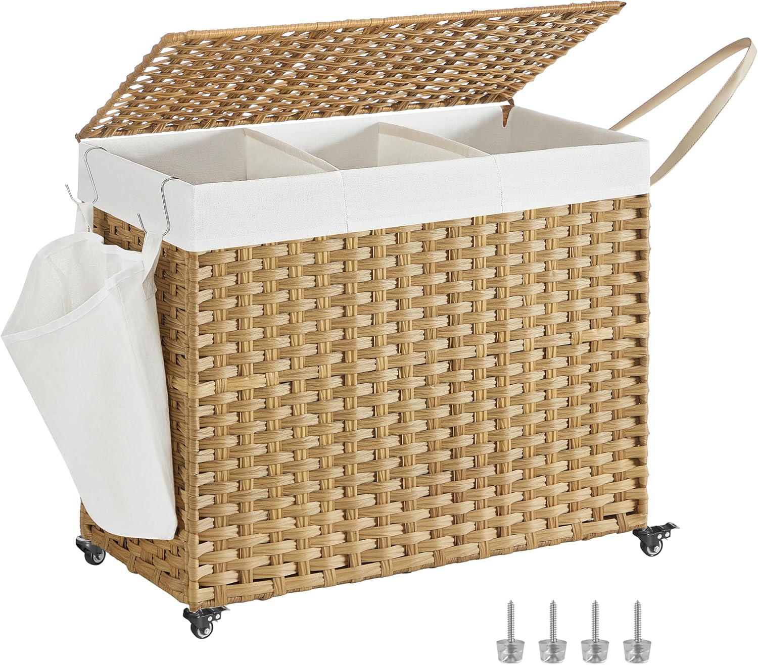SONGMICS Laundry Hamper with Lid, 42.3 Gallons (160 L), Rolling Laundry Basket with Wheels, 3-Section Synthetic Rattan, Removable Liner, Bedroom, 29.9 x 13 x 26 Inches, Natural ULCB365N01