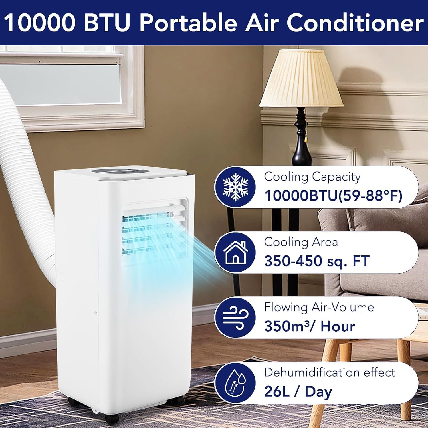 10,000 BTU Portable Air Conditioner with Remote, 3-in-1 Floor Standing AC Unit w/Dehumidifier, Fan, Cools Rooms Up to 450 Sq.Ft, Sleep Mode, 24H Timer, Auto Swing, Easy Installation