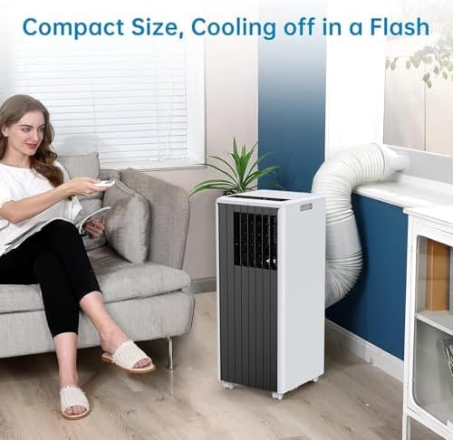 Portable Air Conditioner 8,000 BTU - 3-In-1 Cooling, Dehumidifier & Fan for Rooms Up to 350 Sq.Ft, Low Noise Sleep Mode & Complete Window Kit,Black&White