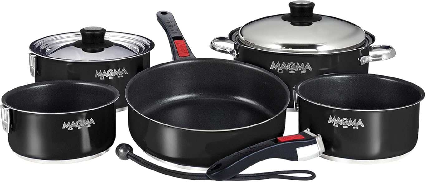 Magma 10 Piece Gourmet Nesting Stainless Steel Cookware Set with Ceramica Non-Stick, Induction Compatible, Oven Safe to 500°F - Suitable for All Stovetops, Removable Handles, Jet Black