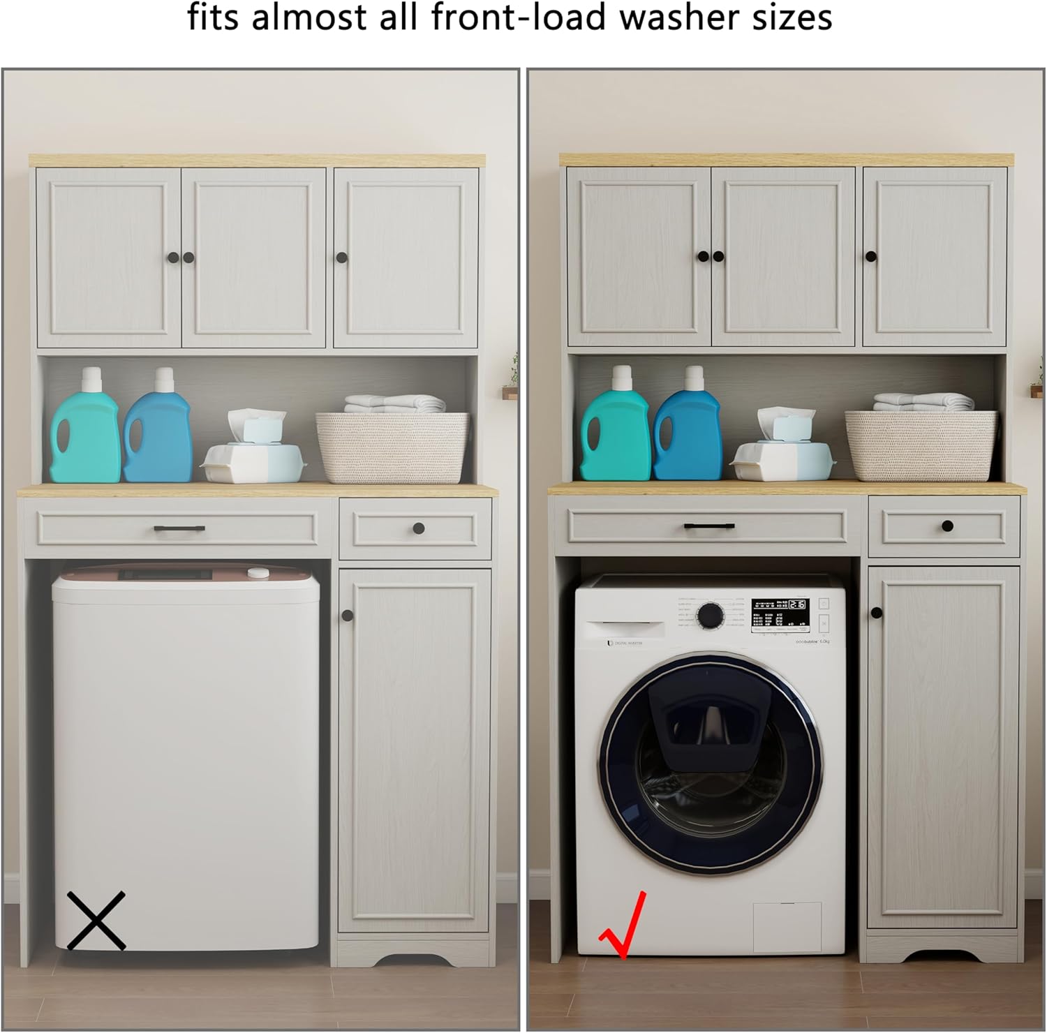 Antique White Over Washer & Dryer Storage Cabinet - Compact Laundry Organizer with 1 Basket, 4 Doors, 1 Drawer & 2 Adjustable Shelves - Sturdy & Safe Design