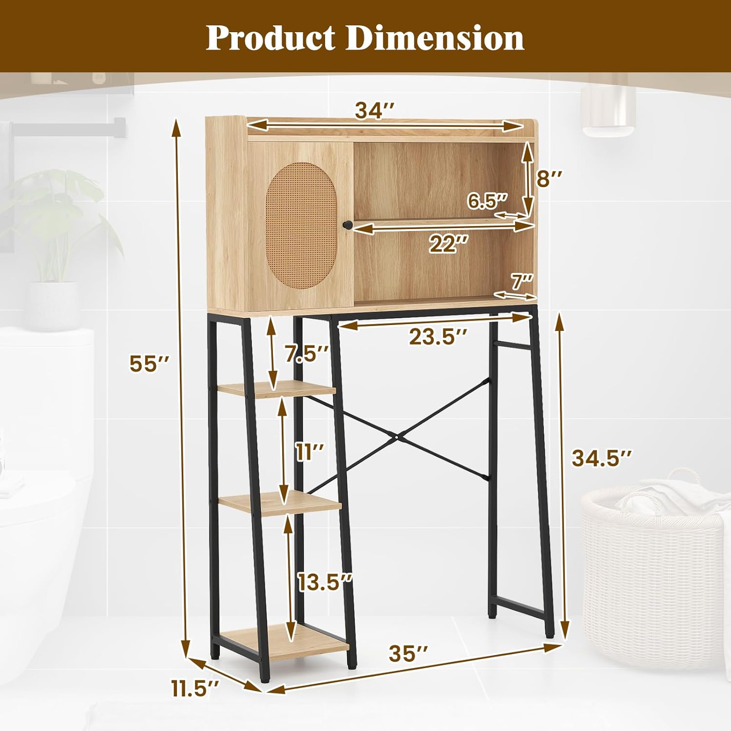 Giantex Over The Toilet Storage Cabinet with Rattan Door, Freestanding Space Saver Rack Above Toilet with Metal Stand, Adjustable Shelf, Over Toilet Bathroom Organizer for Restroom, Laundry