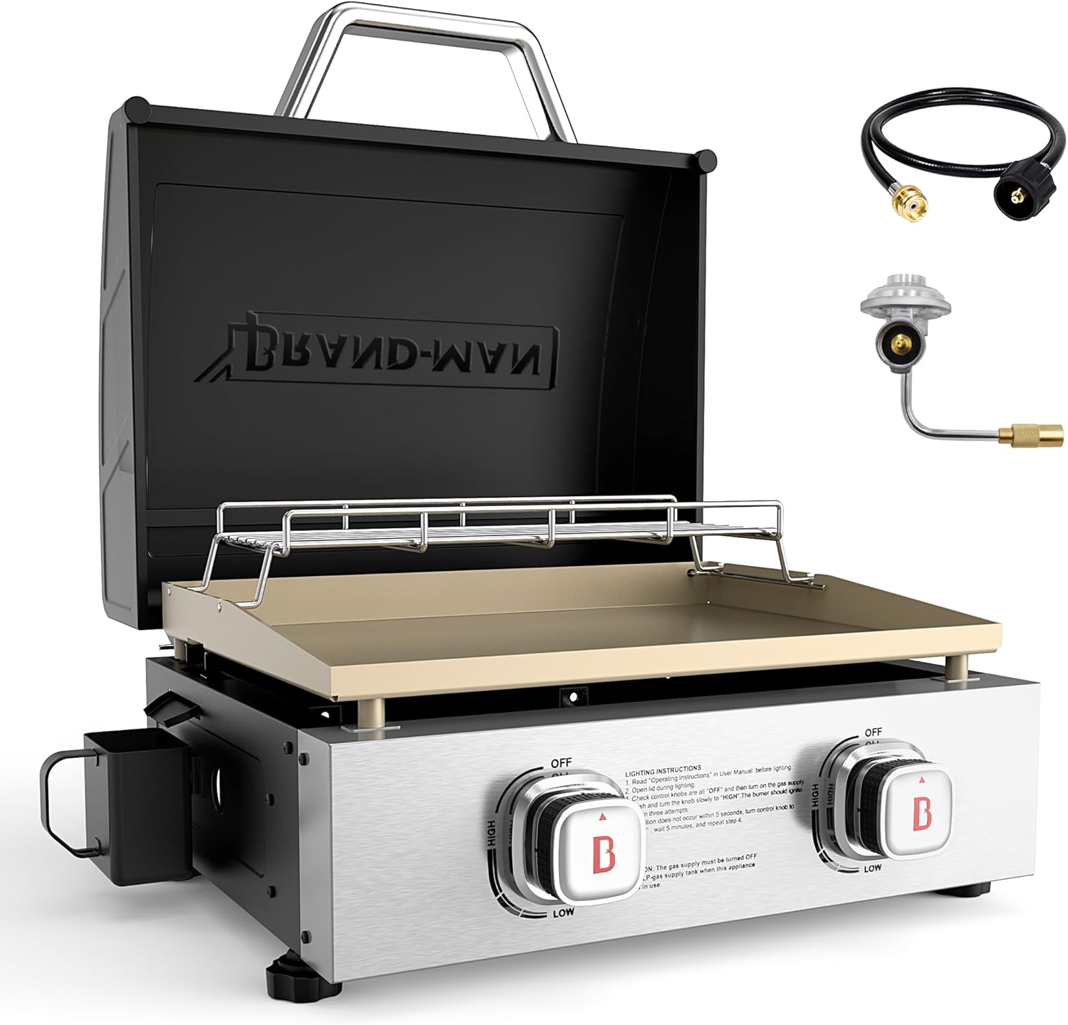 Brand-Man 2 Burner Portable Propane Griddle with Hood, 18,000 BTU Tabletop Flat Top Gas Grill with Warming Rack & Regulator for Outdoor Cooking, Camping BBQ, Tailgating Picnicking