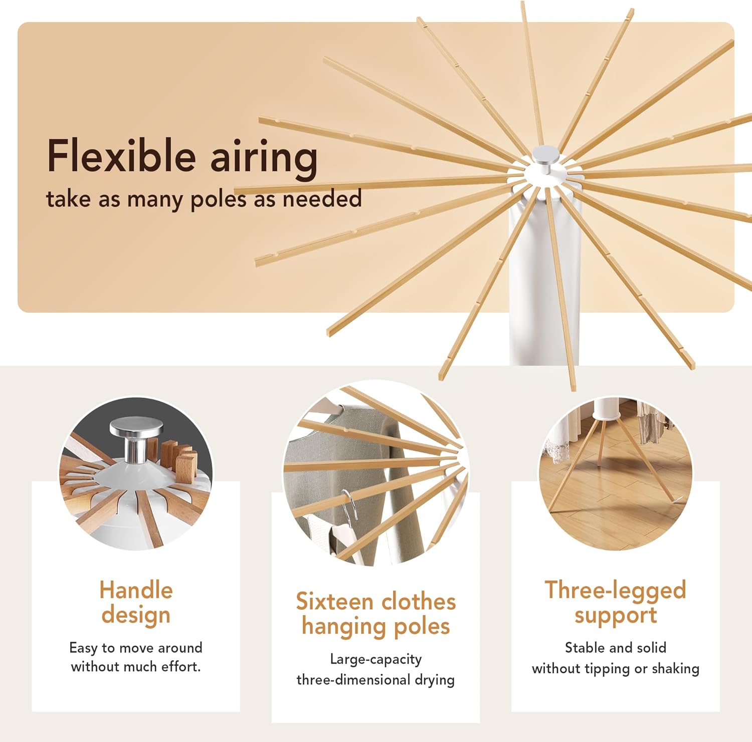 Foldable Tripod Clothes Drying Rack,Beechwood & Portable Laundry Stand, Space-Saving Collapsible Hanger with 16 Arms for Indoor & Outdoor Drying – Easy Setup, Stable Base, Fast Air-Drying Design