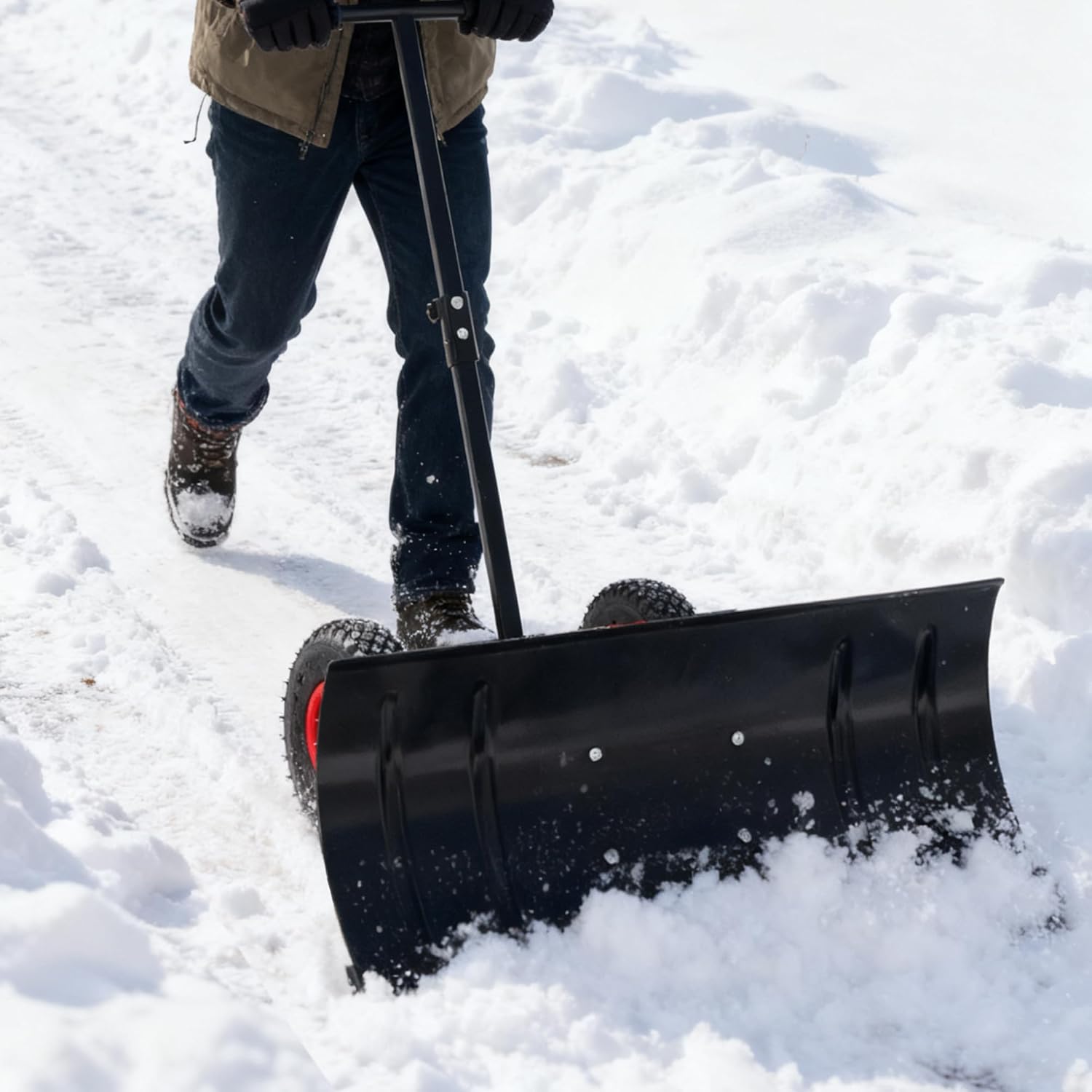 Snow Shovel with Wheels, Heavy Duty Snow Shovel with Wheels, Garvee Adjustable Angle & Height Ergonomic Handle, Carbon Steel Blade for Easy Driveway, Sidewalk & Pavement Clearing (Sing Rod)