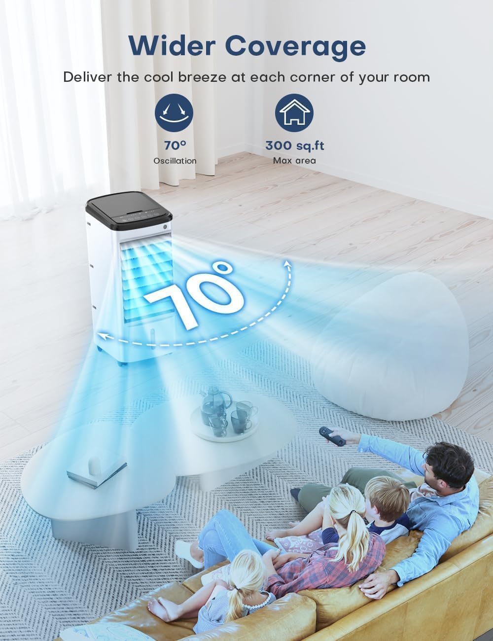 Evaporative Air Cooler, Swamp Cooler Air Conditioner w/12H Timer for Auto-off, 6 Upgraded Ice Packs, 3-Speed Windowless AC, Smart Remote, DualTank Portable Air Cooler for Room, 65 watts, White