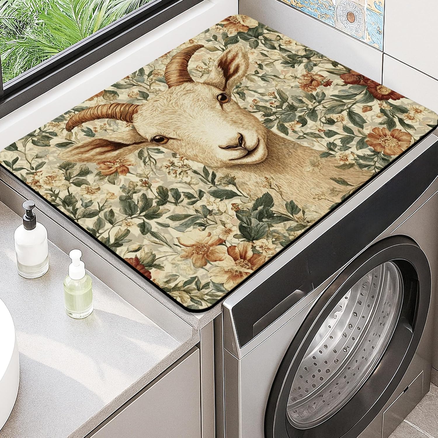 Floral Washer Dryer Top Protector Mat, Vintage Botanical Laundry Machine Dust Covers, Elegant Rubber Anti-slip Waterproof Washer And Dryer Mats for Home 20x24 Inch