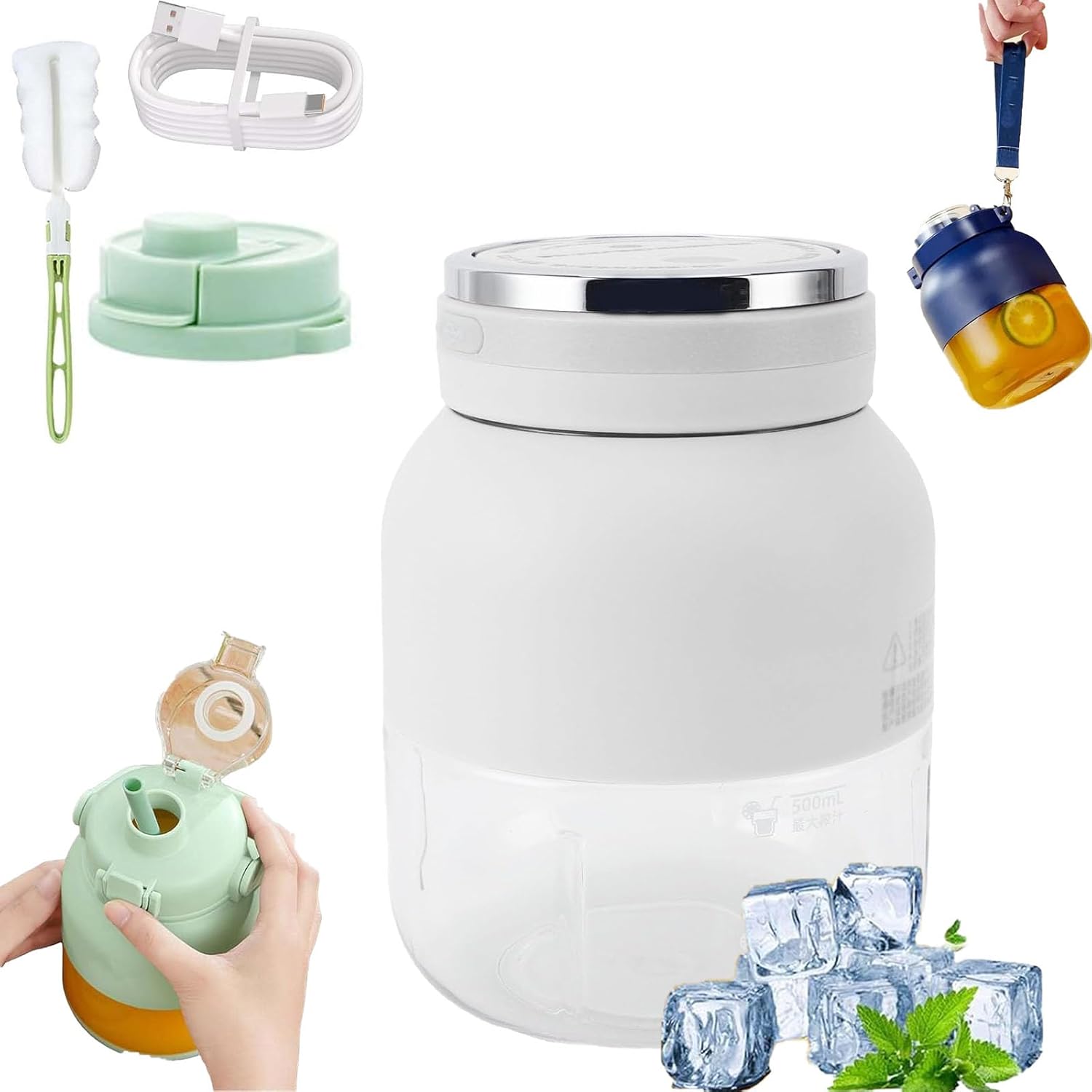 Portable wireless juicer，Portable Blender Cup with Straw and Two Lids, Multifunctional Large-Capacity Wireless Blenders Rechargeable, for Smoothies, Shakes & Frozen Blending (white)