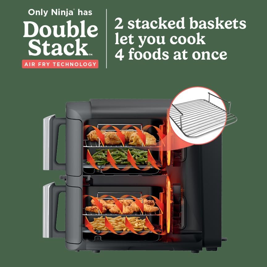Ninja DoubleStack XL Smart 2-Basket Air Fryer, Smart Cook System, DoubleStack Technology Cook 4 Foods at Once, Space Saving Design, 10 QT, 6-in-1, Smart Finish & Match Cook, Air Fry, Broil, Bake SL451