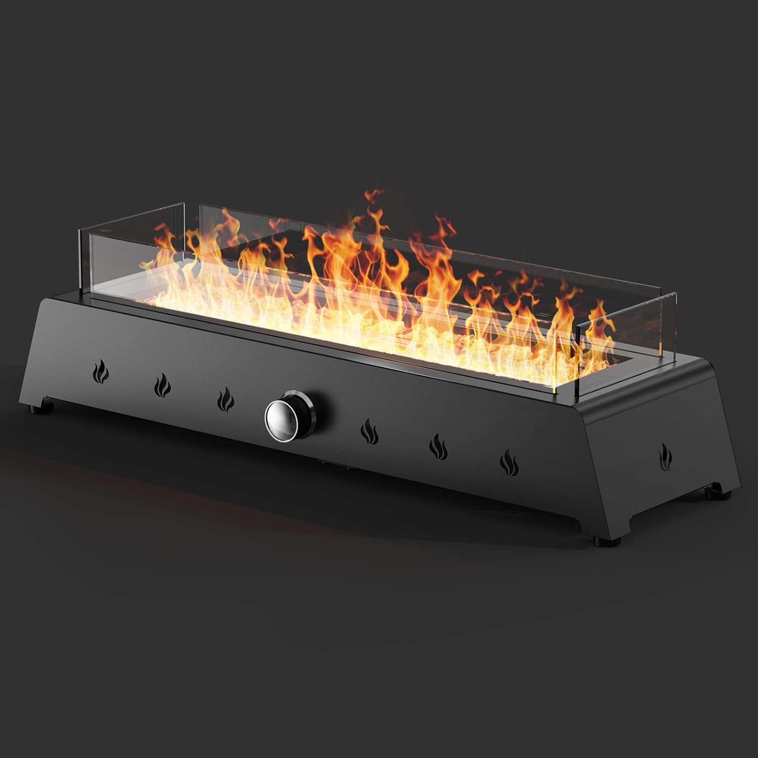 28'' Tabletop Fire Pit Table, 40,000 BTU Propane Fire Pit with Bottom Air Intake and Umbrella Hole, Outdoor Portable Fireplace Rectangular Fire Bowl w/Wind Glass Shield, Laval Rocks - Black