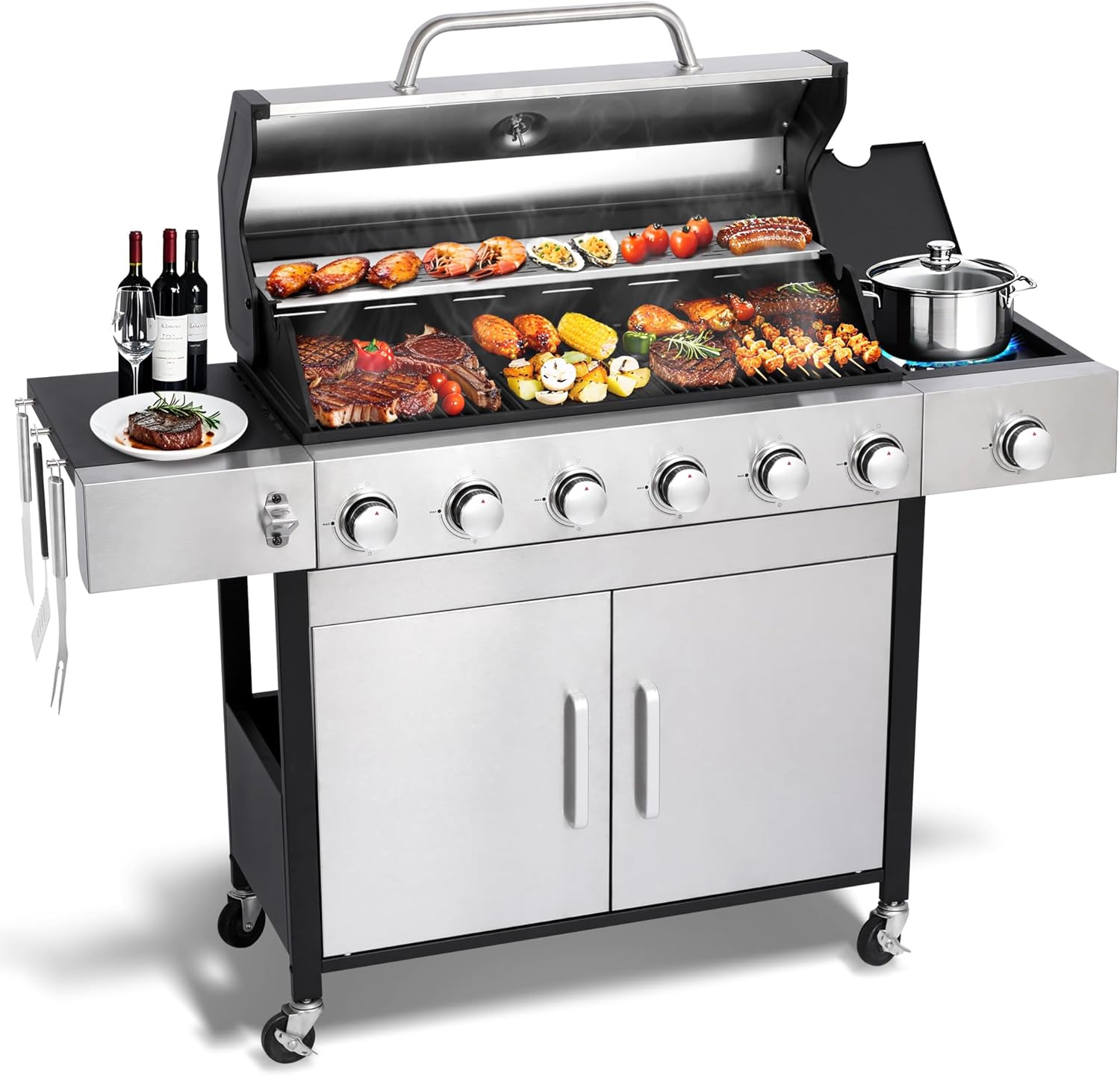 6-Burner Propane Gas BBQ Grill with Side Burner - 65850 BTU Total Output Stainless Steel Grills with Enameled Cast Iron Grill for Outdoor Backyard Barbecue, 620 SQ. IN. Cooking Area