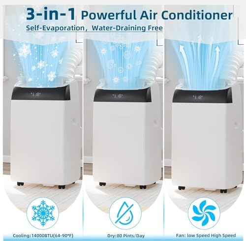 14000 BTU Portable Air Conditioner for Room Up to 750 Sq.Ft with Remote Control, 3-in-1 Cooling AC Unit with Fan & Dehumidifier & Heat Function, Energy Saving, Smart/Sleep Mode, 24H Timer, Auto Swing