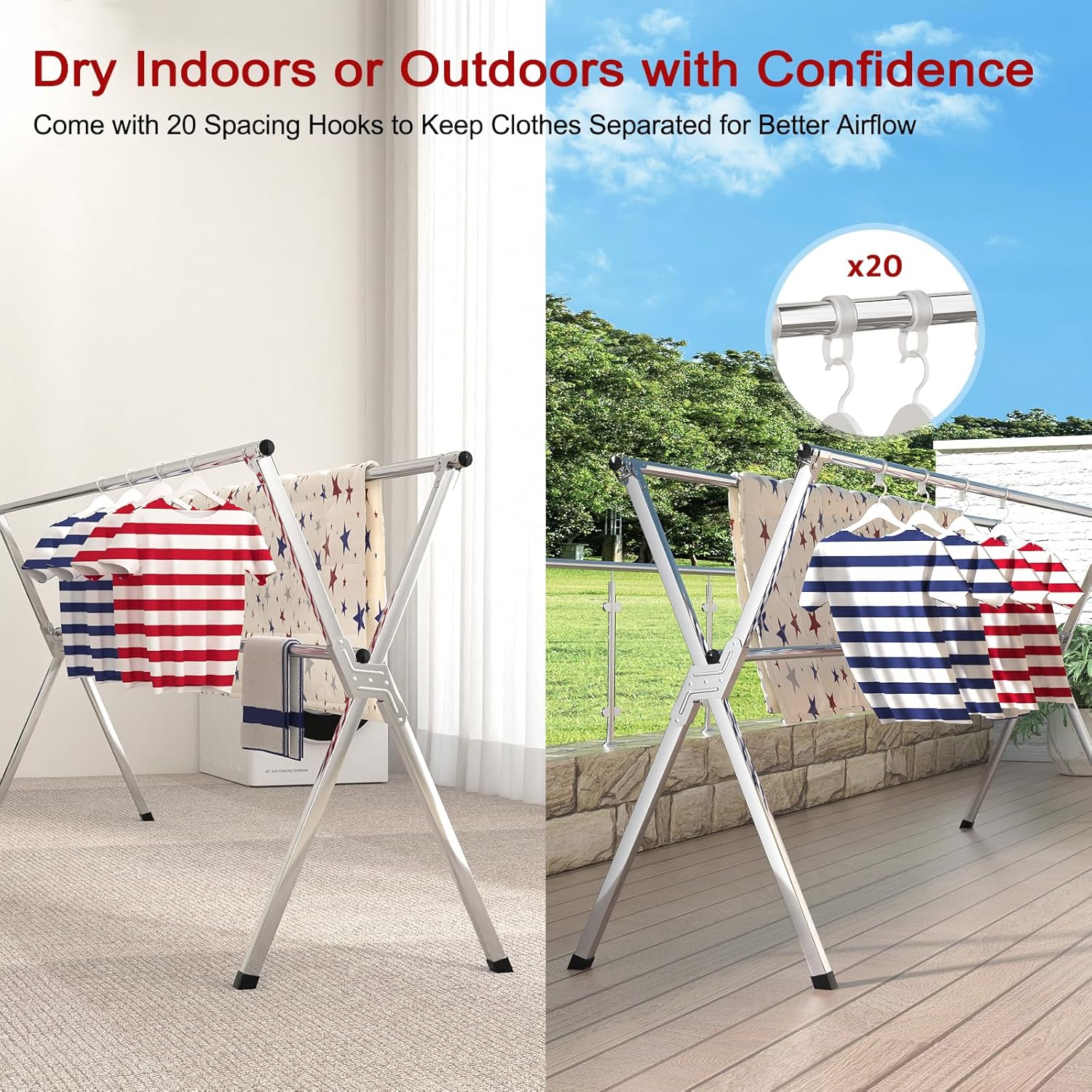 Clothes Drying Rack, Heavy-Duty Folding Laundry Drying Rack for Indoor Outdoor Use, 50.4-78.7