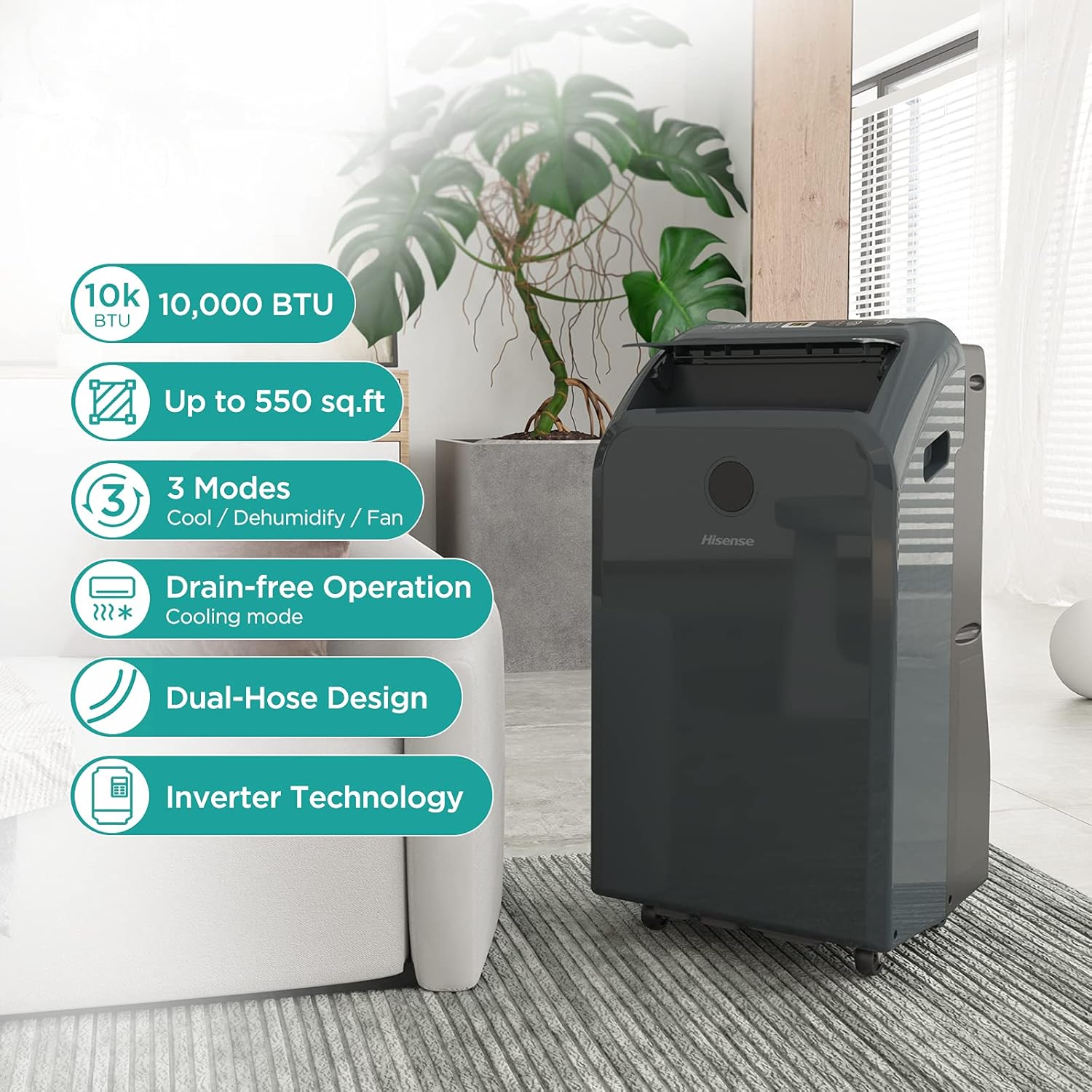 Hisense Dual-Hose Portable Air Conditioner with Inverter Technology 10,000 BTU Cooling Dehumidifier Fan for Rooms up to 550 sq ft, Remote Control, Black (Renewed)
