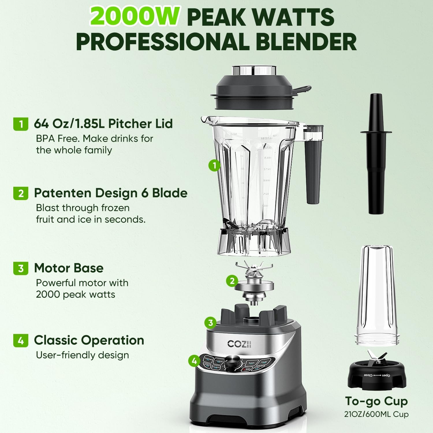 COZII Professional Blender 2000W, Smoothie Countertop Blenders for Kitchen, 64 Oz Pitcher/21-Oz To-go Cup, 7 Preset Programs for Ice Crush/Frozen Drinks/Dips/Nut Butter, High Speed, Dishwasher Safe