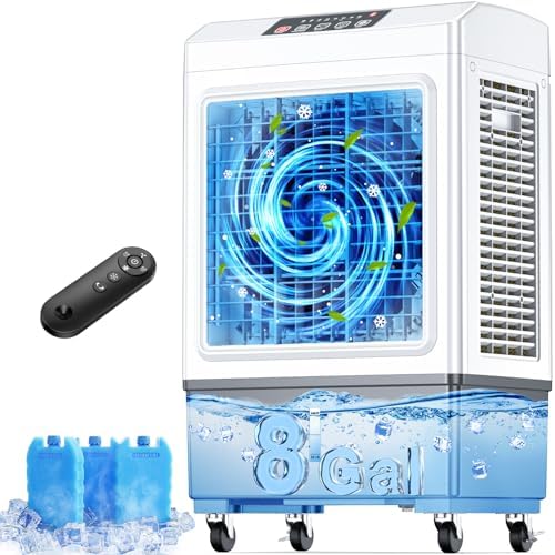FANCOLE Windowless Air Conditioner, 2100CFM Evaporative Air Cooler with 3 Ice Packs, 700 Sq.ft Swamp Cooler Air Conditioner No Windows Needed w/3Mode & 3Speed, 7H Timer & Remote for Room Garage Patio