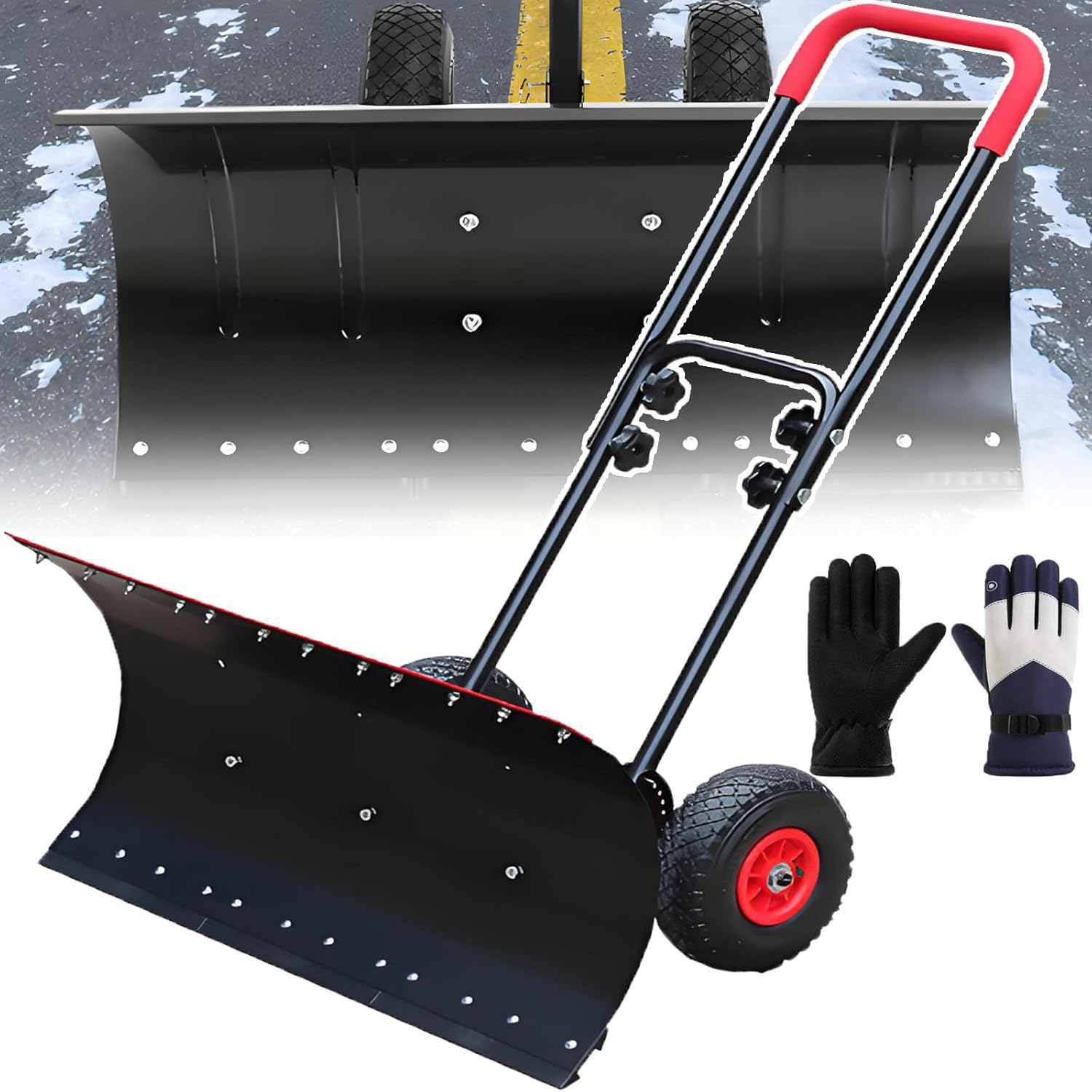 Outdoor Snowplow with Wheels - Width 42cm Snow Shovel - Snowpusher - Removal Shovel, Adjustable Handle, Reversible Shovel Surface,Pushsnow for Snow Removal, Ice Removal