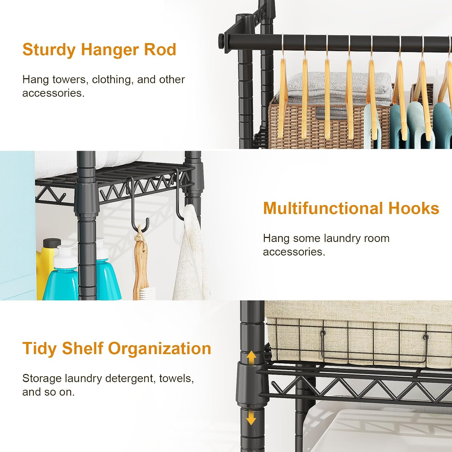 U14 Medium Over the Washer and Dryer Shelves, 4 Tiers Laundry Room Storage and Organizer System, Space Saving Clothes Drying Rack with 2 Clothes Hanger Rods, 57.8