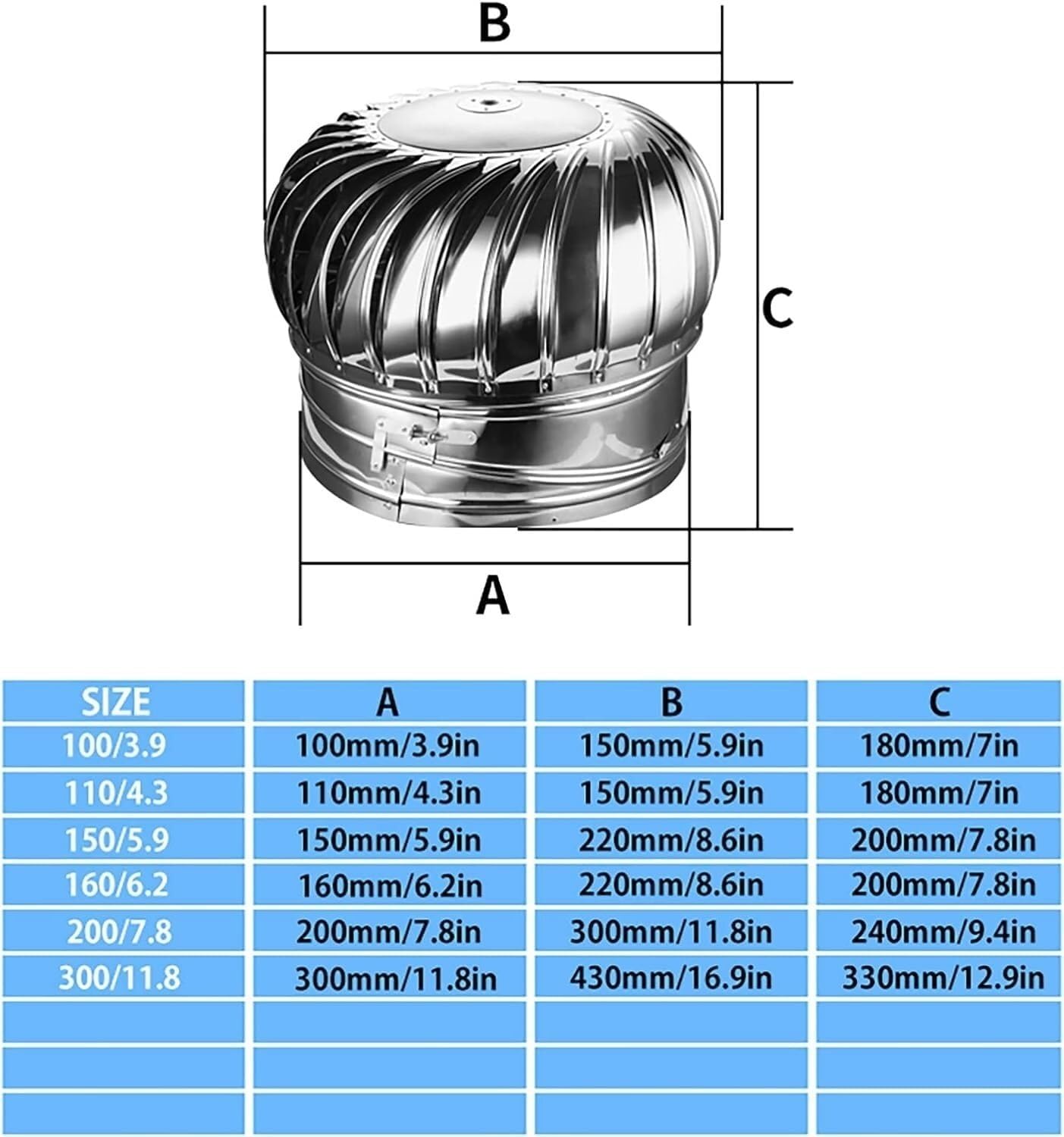 304 Stainless Steel Roof Vent Pipes Chimney Caps, Rotating Chimney Cowl, Ventilator, for Chimney Fireplace Storehouse(300 mm/11.8in)