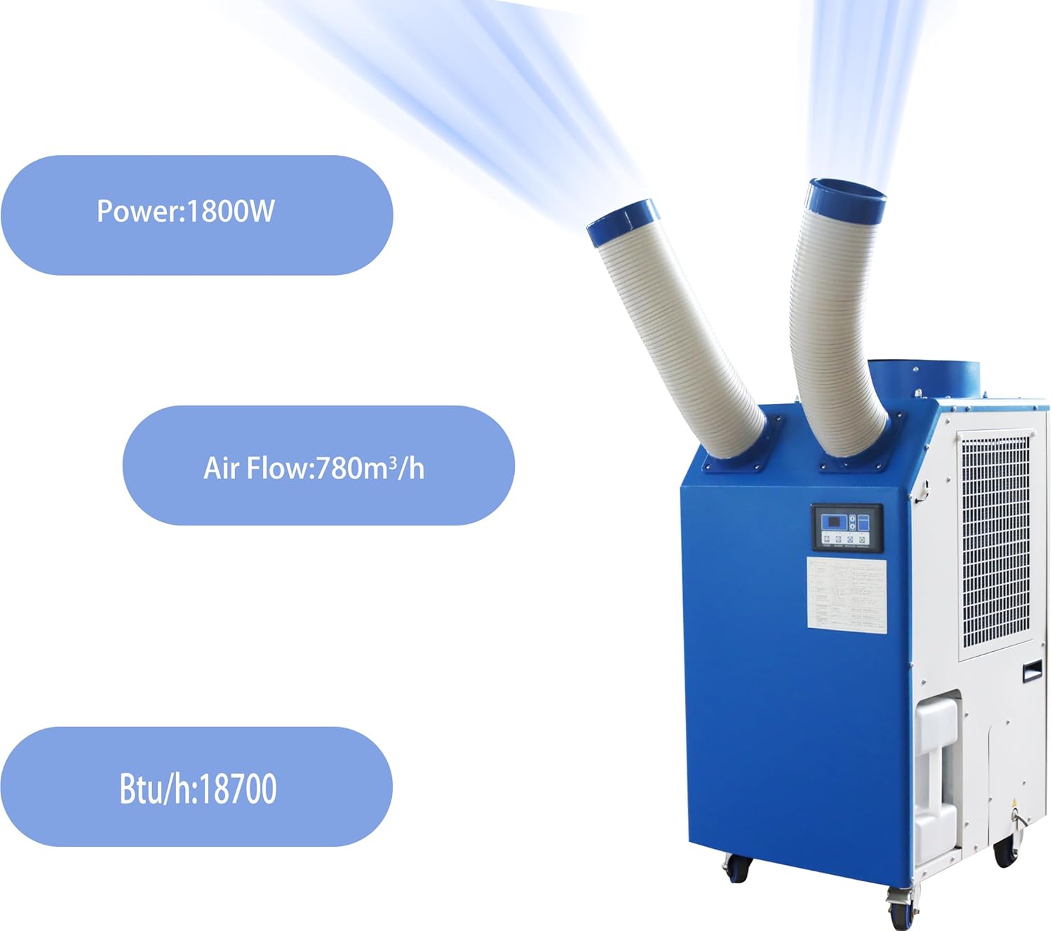 220V Industrial Portable Air Conditioner Air Flow 780m³/h with Wheels 14L Tank Double Column 1800W Commercial Spot Cooler Adjustable Outlet Ideal for Insititute Workshops Outdoor Events