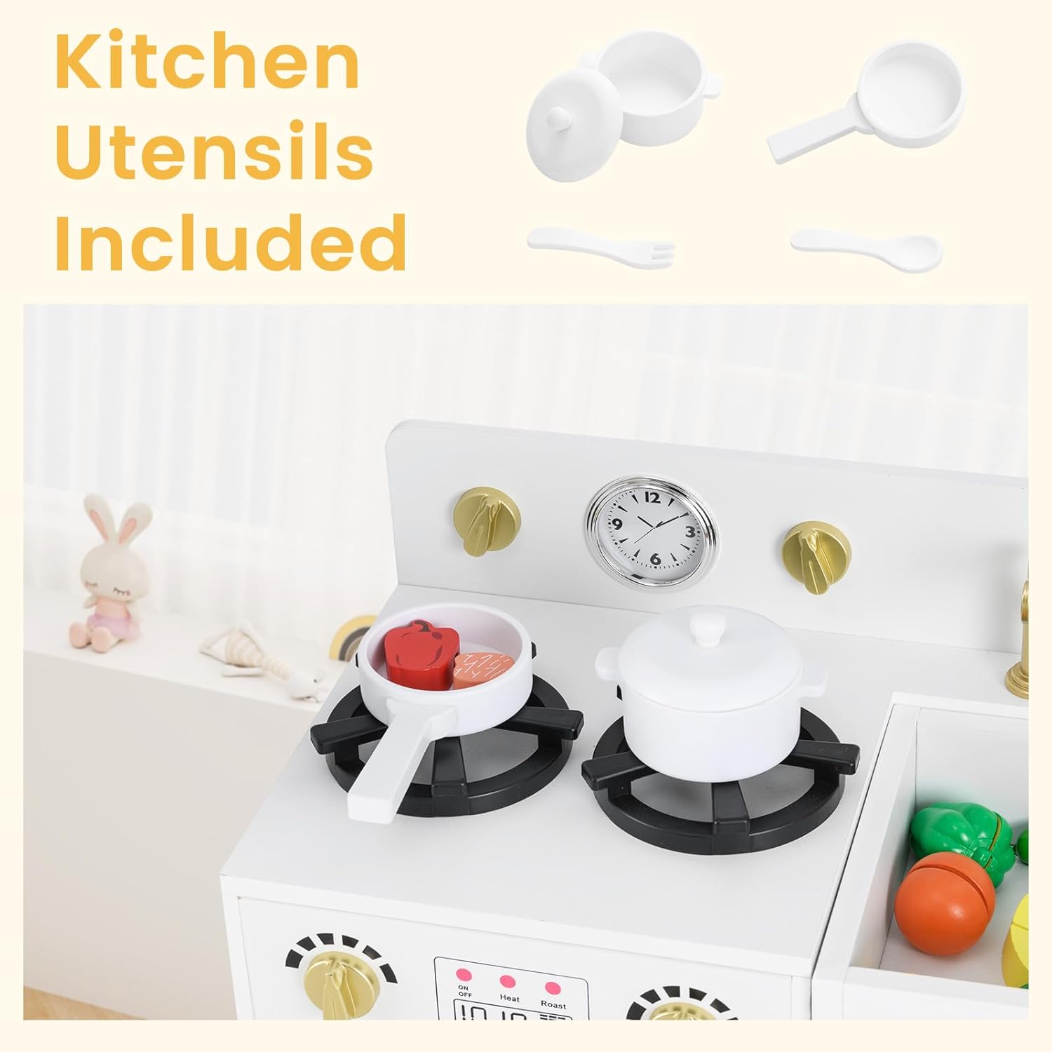 INFANS Play Kitchen Set, Kids Children Pretend Toy Kitchen 2-Piece Playset with Refrigerator, Oven, Microwave, Ice Maker, Sink with Faucet, Kitchenware Accessories for Girls Boys Ages 3+