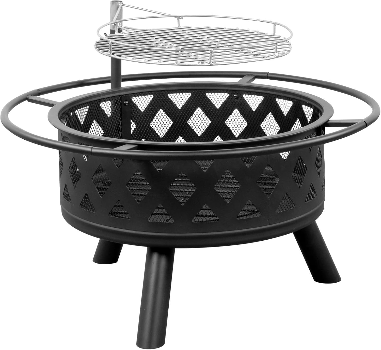 30” Outdoor Fire Pit Multifunctional Black Metal Wood Burning Firepit with Removable Swivel BBQ Grill, Ash Plate,Poker for Backyard Bonfire Patio Camping