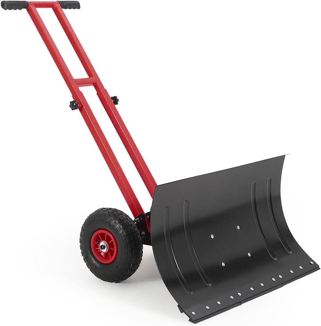 Heavy Duty Rolling Snow Shovel with Wheels – 29x16.5 in Metal Blade – 7-Position Angled & Height Adjustable Ergonomic Handle – Snow Pusher for Driveway, Sidewalk, Pavement – Black Blade & Red