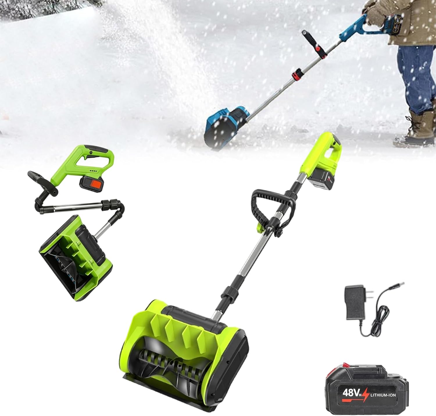 Power Shovel for Snow Removal, Cordless/Foldable / 26ft Throwing Distance / 48V/96V Battery Powered, for Driveway, Sidewalk, Walkway, Deck & Patio (Green, +48V)