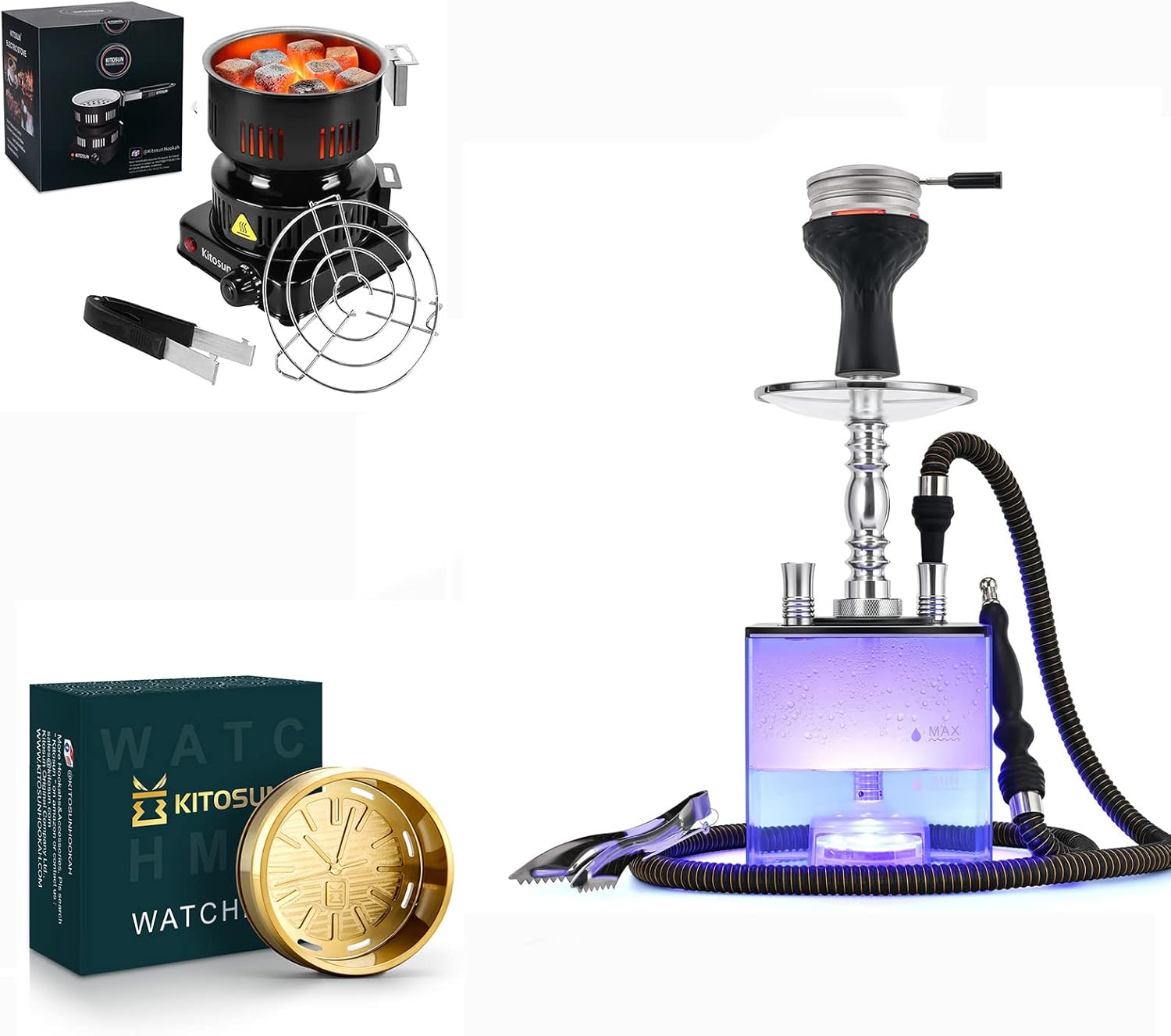Kitosun ETL Coconut Charcoal Starter Hookah Set with Everything Charcoal Heat Management Device Stainless Steel HMD