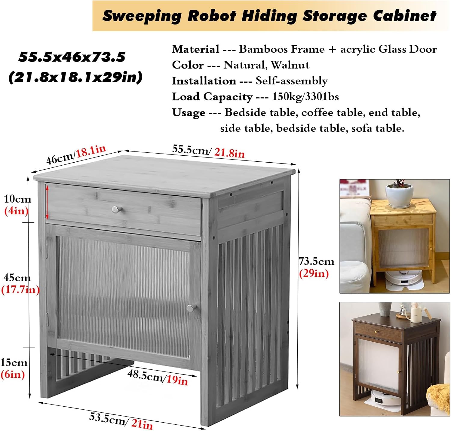 Modern Hiding Robot Vacuum Cabinet with Doors, Sweeping Robot Storage Rack for 10 Gal Fish Tank/Printer, Heavy Duty Waterproof Bedroom Bedside Table - Small Spaces(Natural,55.5x46x73.5 (21.8x18.1x29i