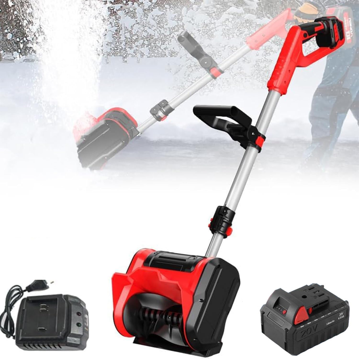 Electric Snow Shovel,Cordless Snow Shovel with Batteries and Charger,16in Battery Operated Snow Shovel,for Patio Deck Driveway,Red-1Battery
