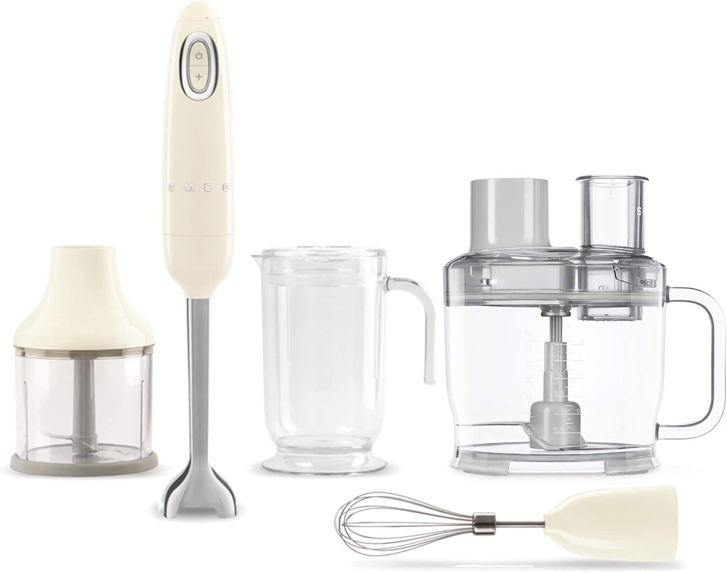 SMEG Hand Blender & Food Processor Bundle – HBF03 with HBFP11 Attachment – Retro Style, 350W Motor, Variable Speed, Tritan™ Renew Bowl, 5-in-1 Functionality, Cream