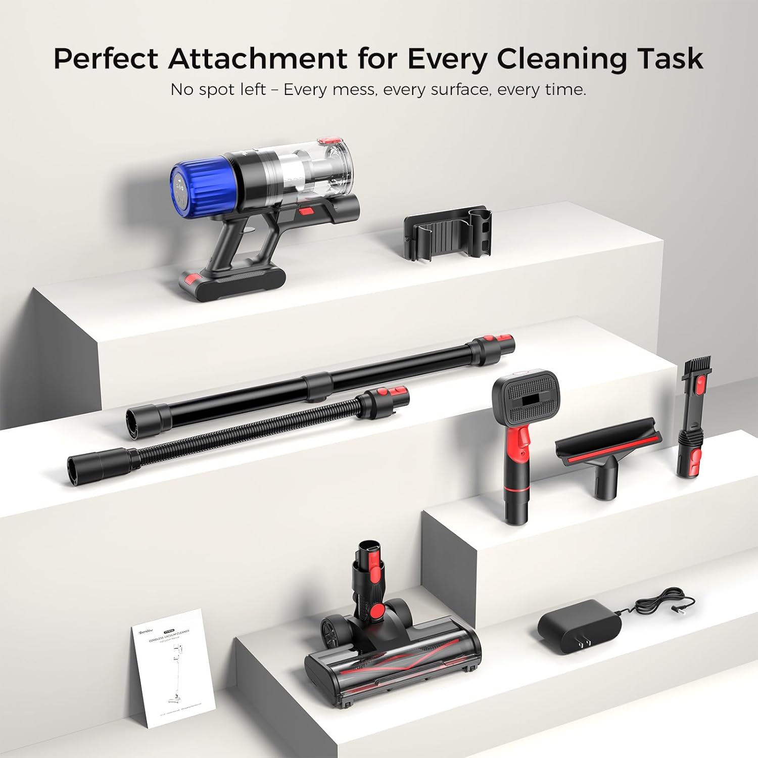 Teendow Cordless Vacuum Cleaner, 500W 50 Minutes Runtime Stick Vacuum for Pet Hair, Powerful Suction, Rechargeable, Lightweight, Handheld Vacuum Versatile for Carpet, Hard Floor (Black)