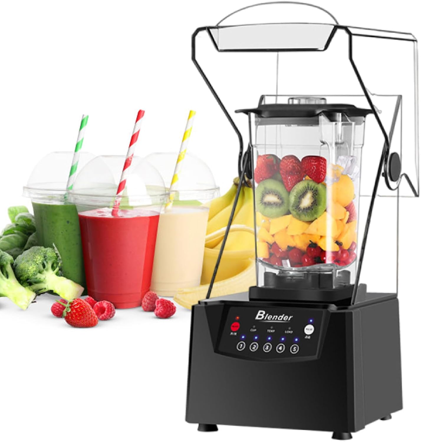 Professional Blender with Shield, Commercial Countertop Blenders, 68 oz Jar Blender Combo, for Shakes, Smoothies, Peree, and Crush Ice,220V