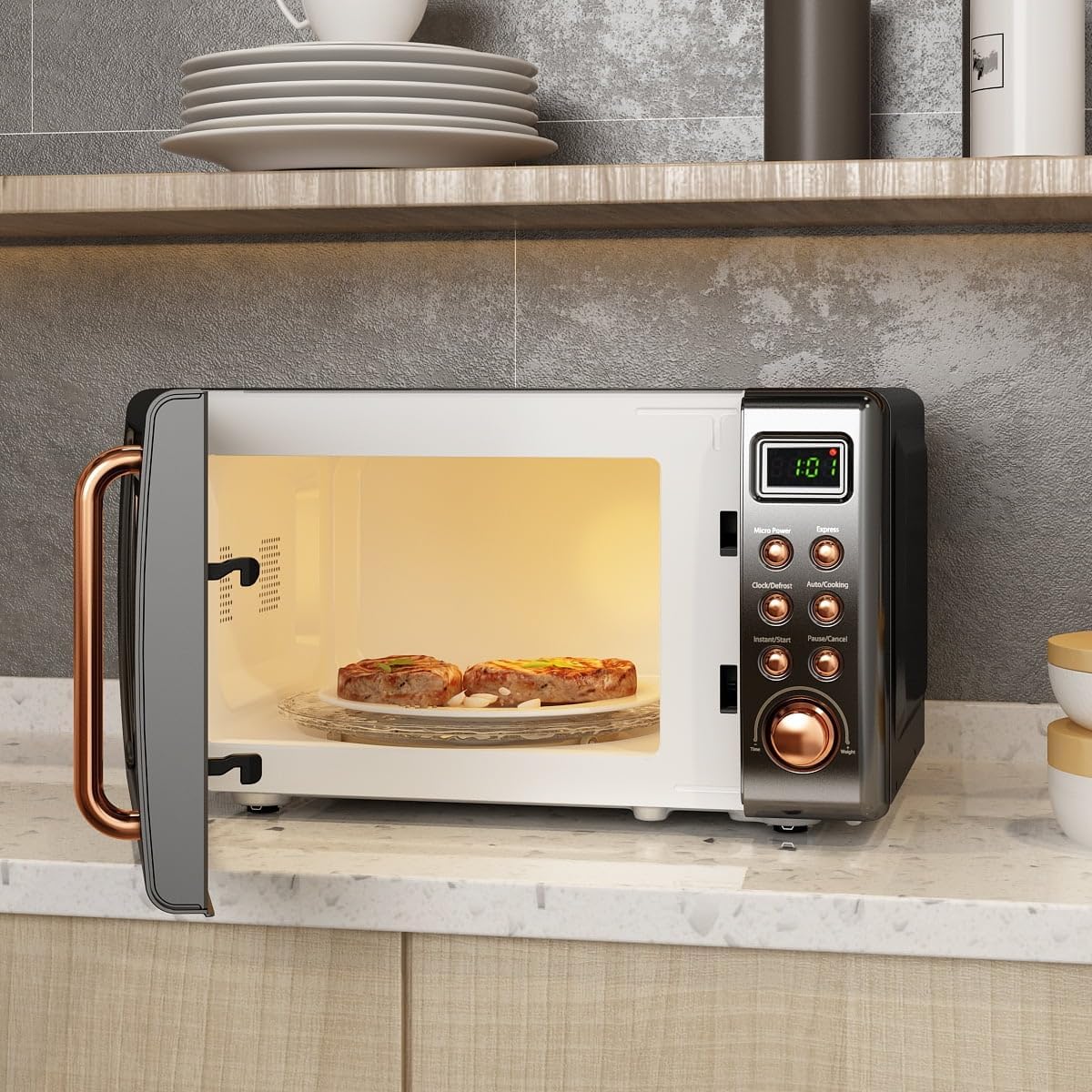 Retro 0.7 Cu.ft Countertop Microwave Oven with LED Display - 700W, Glass Turntable, Rose Gold