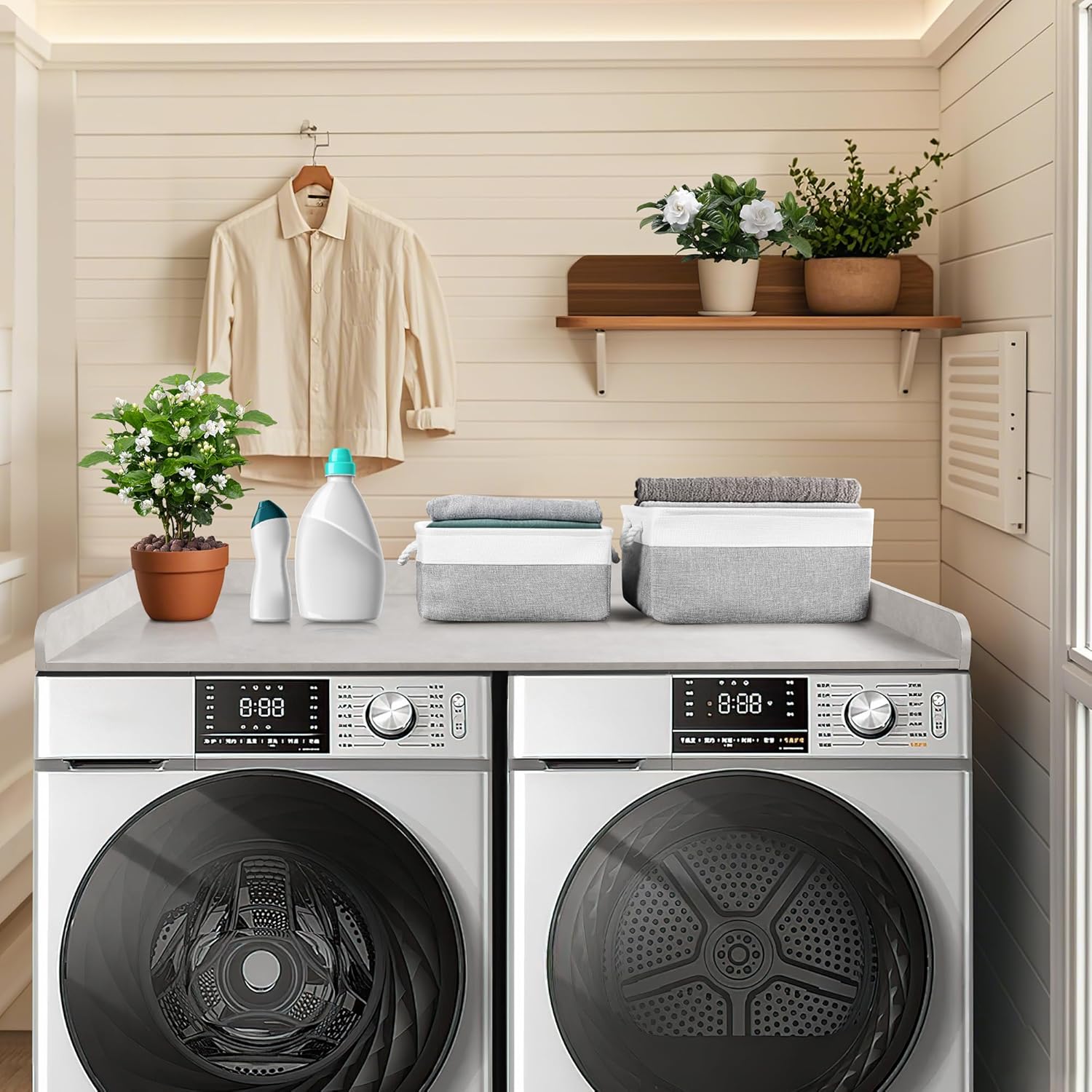 Washer Dryer Countertop with 2 Pack Storage Baskets, Wood Washer and Dryer Countertop with Non-Slip Pads/Edge Rails for Laundry Room Storage and Organization, 27.5