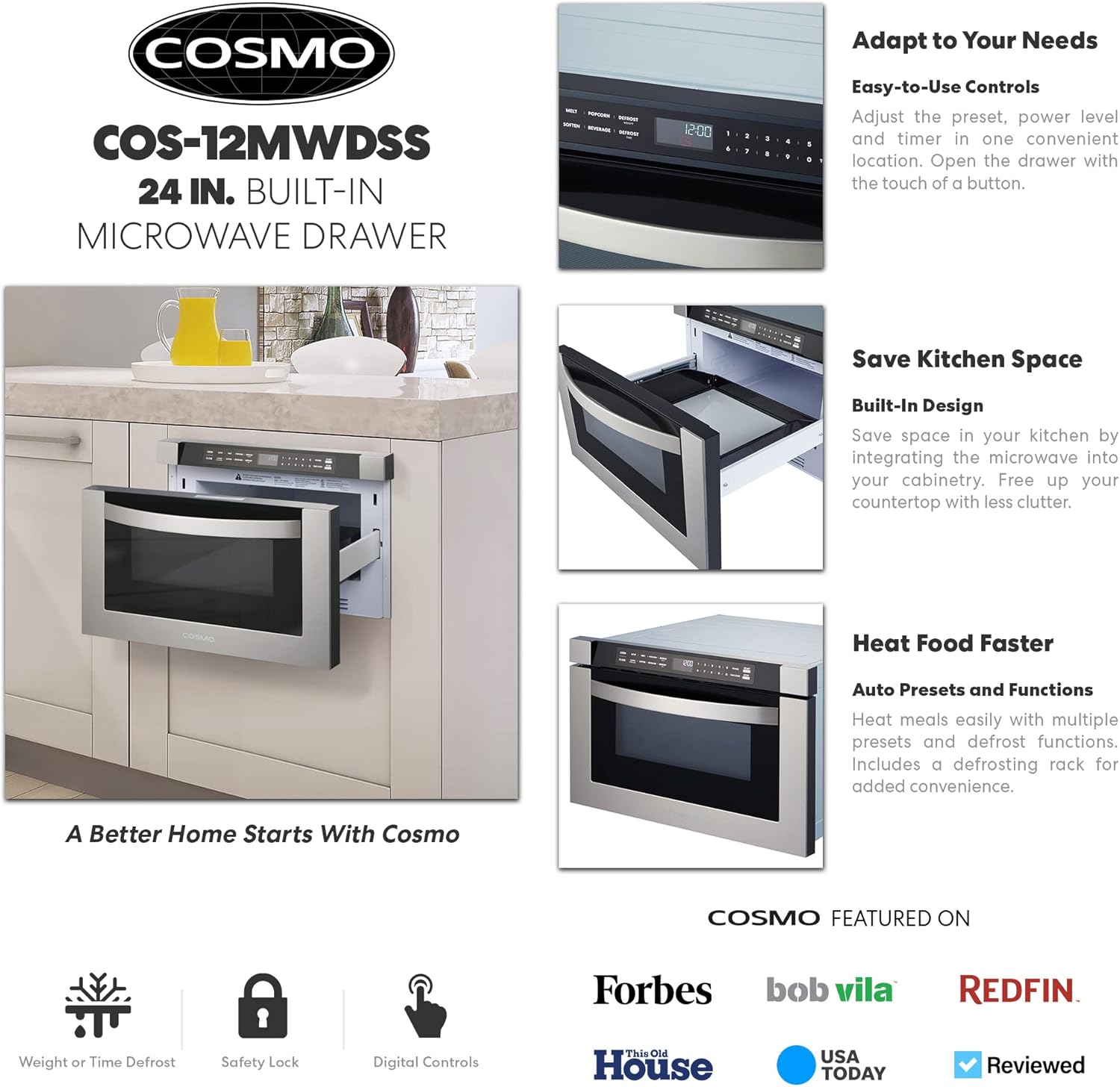 COSMO COS-12MWDSS 24 in. Haven Collection 1.2 cu. ft. Built-in Microwave Drawer, Touch Controls, Defrosting Rack in Stainless Steel