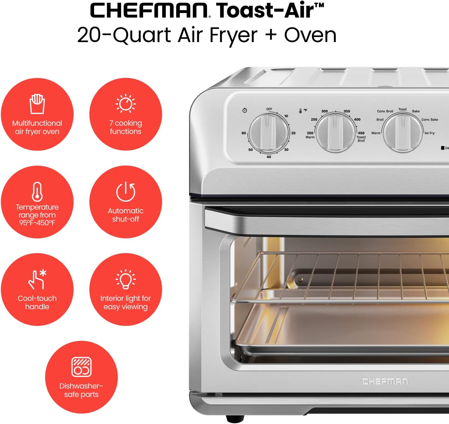 Chefman Air Fryer Toaster Oven Combo, 7-In-1 Convection Countertop 20 Qt fryer, Cook a 10 Inch Pizza, Fry 2 lb. of Chicken Wings, Toast, Broil, Auto Shutoff, Stainless